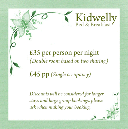 £35 per person per night (double room, two sharing) £45 single occupancy. Discounts considered for longer stays and group bookings
