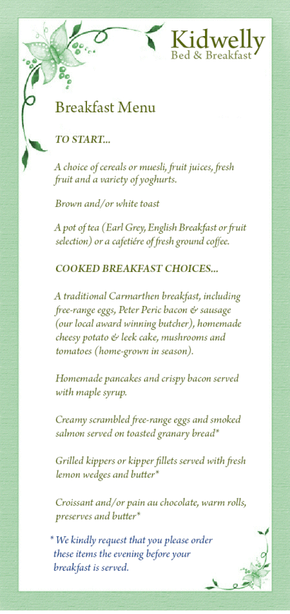 Breakfast Menu for Kidwelly Bed and Breakfast